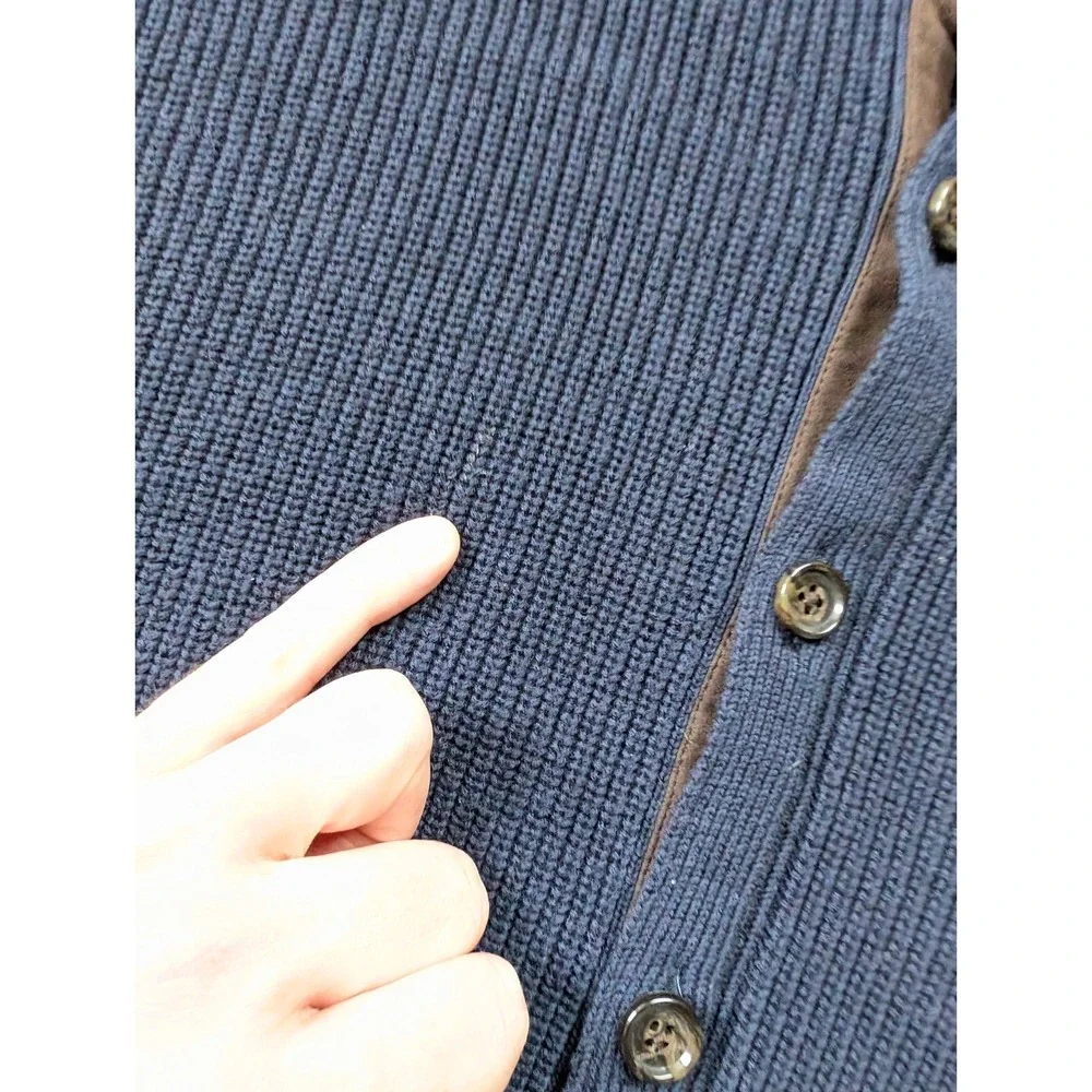 Peter Millar Button Down Wool Sweater Mens Large‎ Navy Elbow Patches Blue Knit